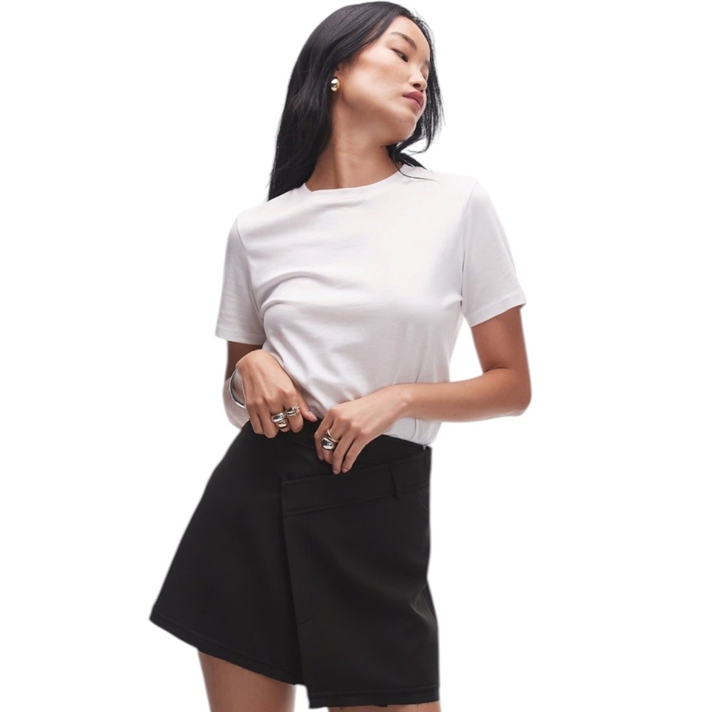 Topshop Minimalist Wrap Front Mini Black Asymmetrical Skirt Buttons Women Size 2